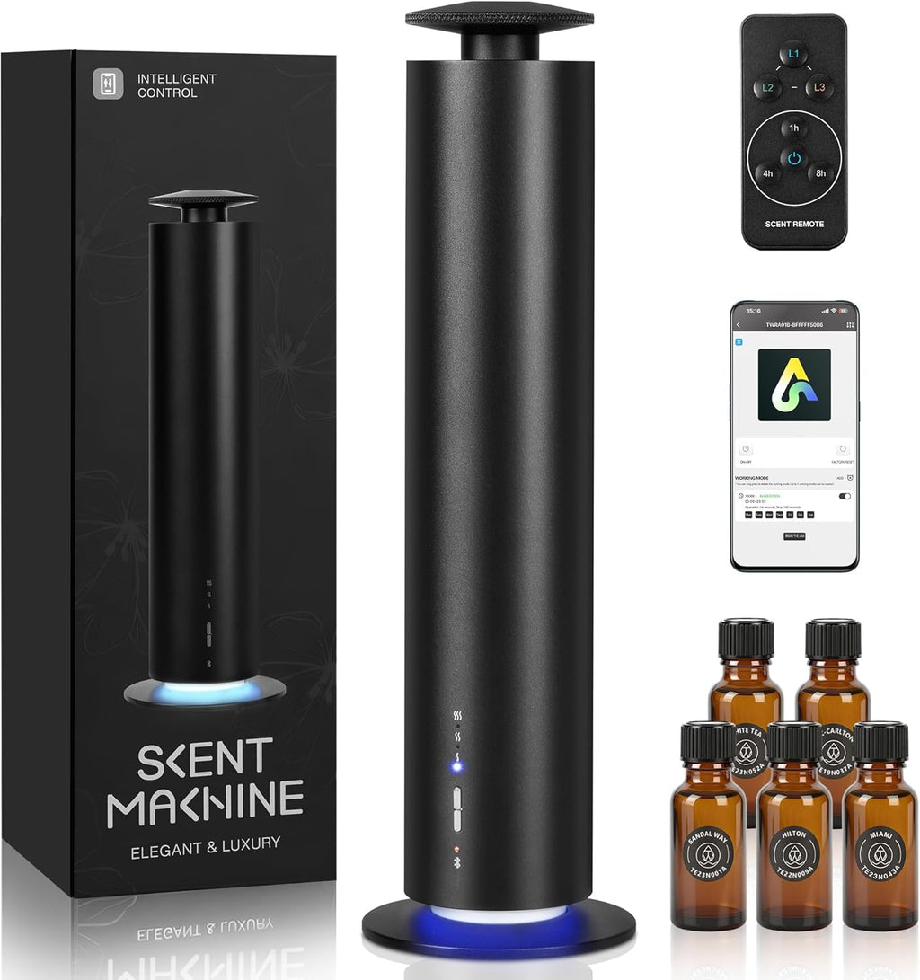 Waterless Scent Diffuser Starter Kit with 5 Oils - Smart APP Cold Air Scent Machine, Up to 2000 Sq Ft for Homes, Offices, Hotels and Spas- Quiet Essential Oil Diffuser, 8H Battery, 3-Color Light,Black