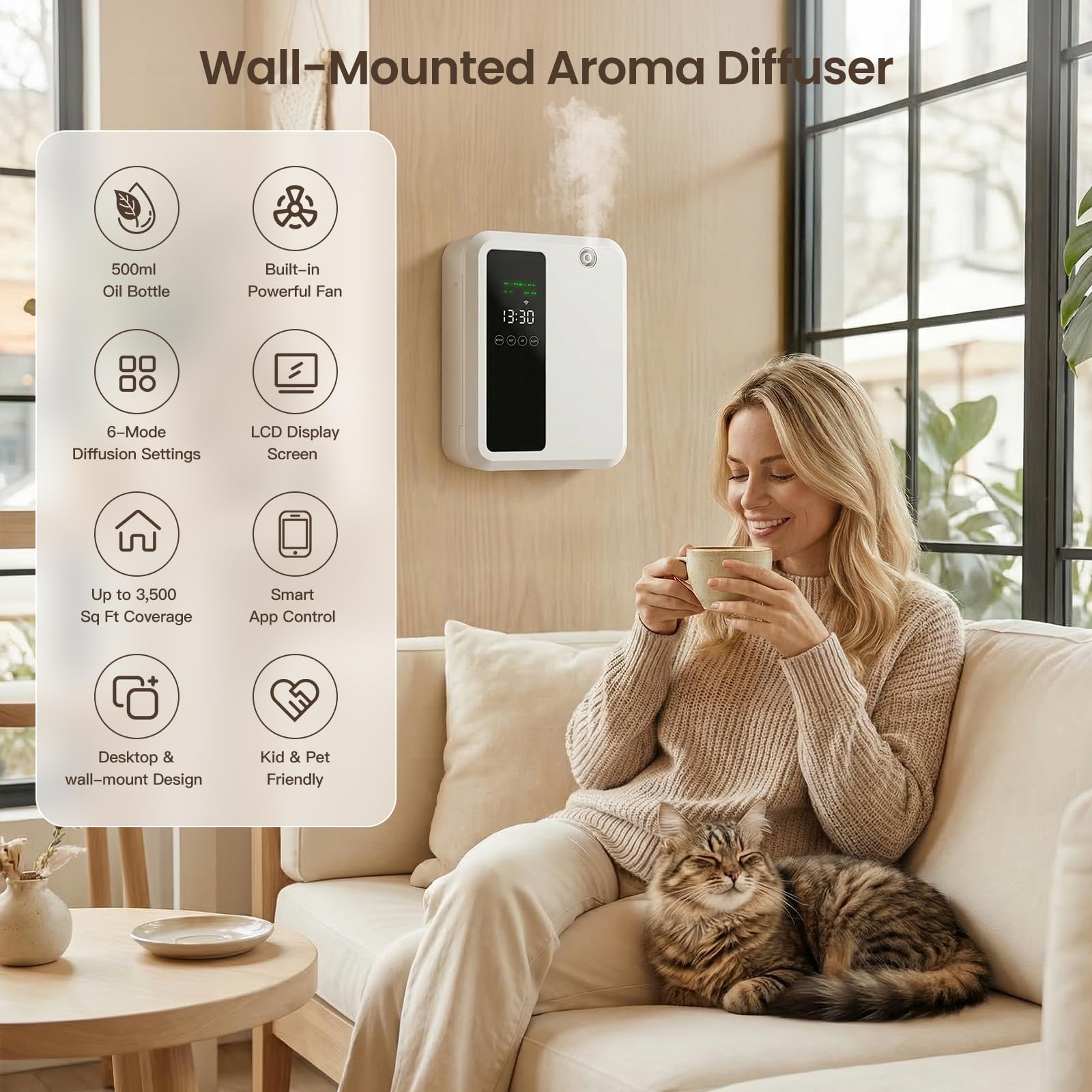 Waterless Essential Oil Diffuser for Large Room, 500ml Hotel Scent Diffuser, Cold Air Scent Machine, Covers Up to 3500 Sq Ft, Smart App Control, Wall Mounted, Fragrance Diffuser for Office Spa Home