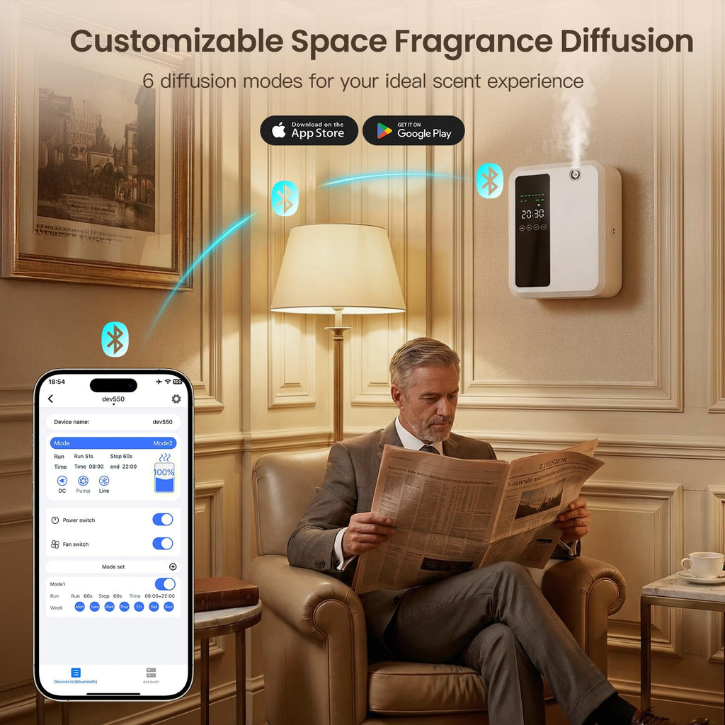 Waterless Essential Oil Diffuser for Large Room, 500ml Hotel Scent Diffuser, Cold Air Scent Machine, Covers Up to 3500 Sq Ft, Smart App Control, Wall Mounted, Fragrance Diffuser for Office Spa Home