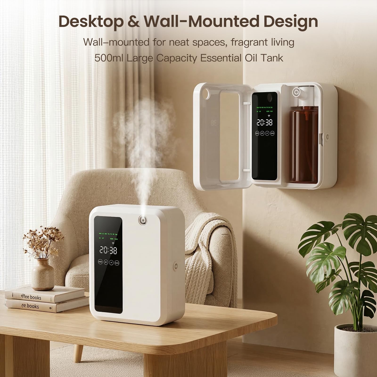 Waterless Essential Oil Diffuser for Large Room, 500ml Hotel Scent Diffuser, Cold Air Scent Machine, Covers Up to 3500 Sq Ft, Smart App Control, Wall Mounted, Fragrance Diffuser for Office Spa Home