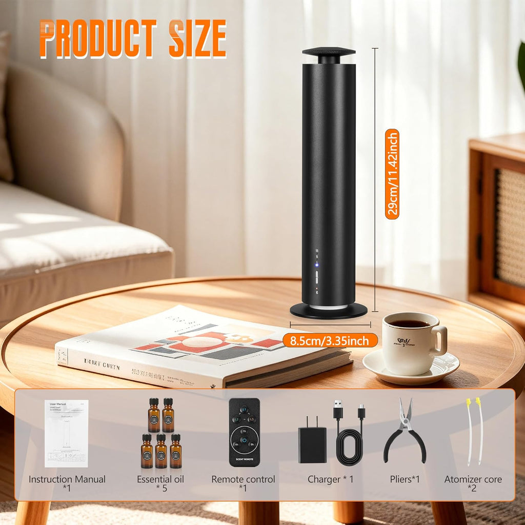 Waterless Scent Diffuser Starter Kit with 5 Oils - Smart APP Cold Air Scent Machine, Up to 2000 Sq Ft for Homes, Offices, Hotels and Spas- Quiet Essential Oil Diffuser, 8H Battery, 3-Color Light,Black