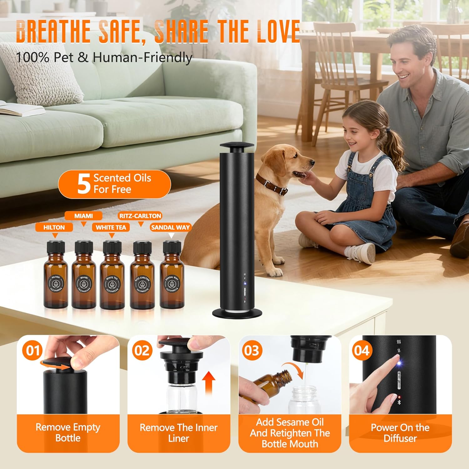 Waterless Scent Diffuser Starter Kit with 5 Oils - Smart APP Cold Air Scent Machine, Up to 2000 Sq Ft for Homes, Offices, Hotels and Spas- Quiet Essential Oil Diffuser, 8H Battery, 3-Color Light,Black